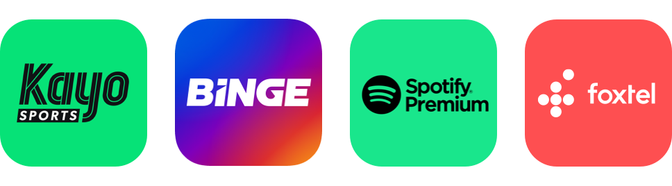 Streaming app logos: Kayo sports, Binge, Spotify Premium & foxtel.