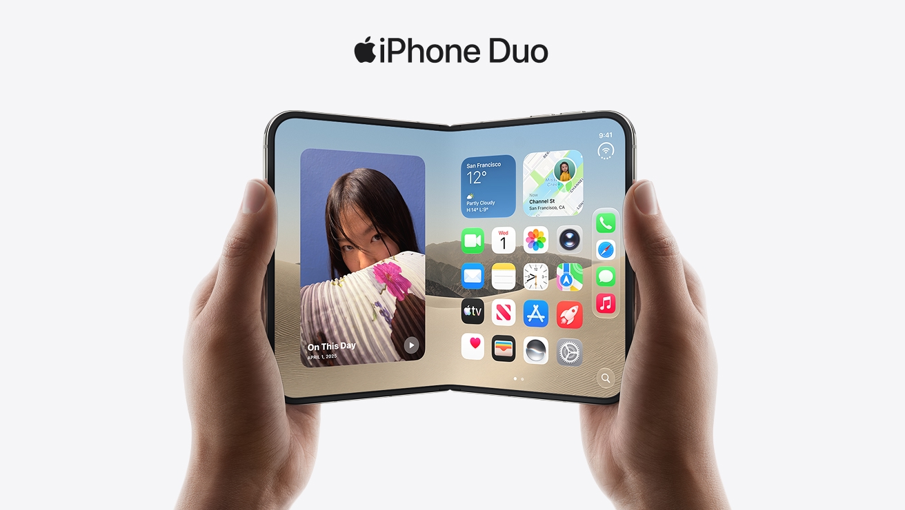 iPhone Duo, opened to its inner screen, showing a homescren filled with widgets and app icons. Text above the device reads iPhone Duo.
