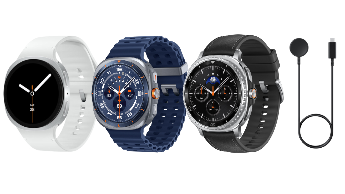 Samsung Galaxy Watch8, Watch8 Classic, Watch Ultra and Fast Wireless Charger displayed side by side.