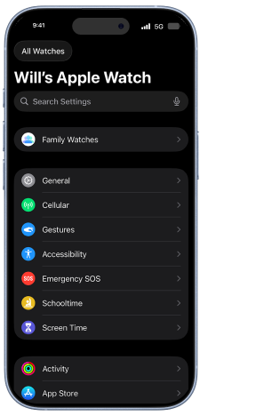 The settings for a family members Apple Watch in the iPhone Watch app. Cellular is third option in the list, after Family Watches and General.