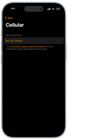 The Cellular set-up screen in the iPhone Watch up. There is a button reading Set up cellular.