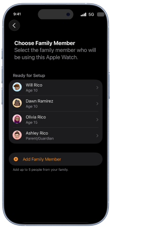 An iPhone showing the list of members in the users family group. Text reads Select the family member who will be using this Apple Watch, followed by the family members who are ready for set up. There is also a link to Add Family Member.