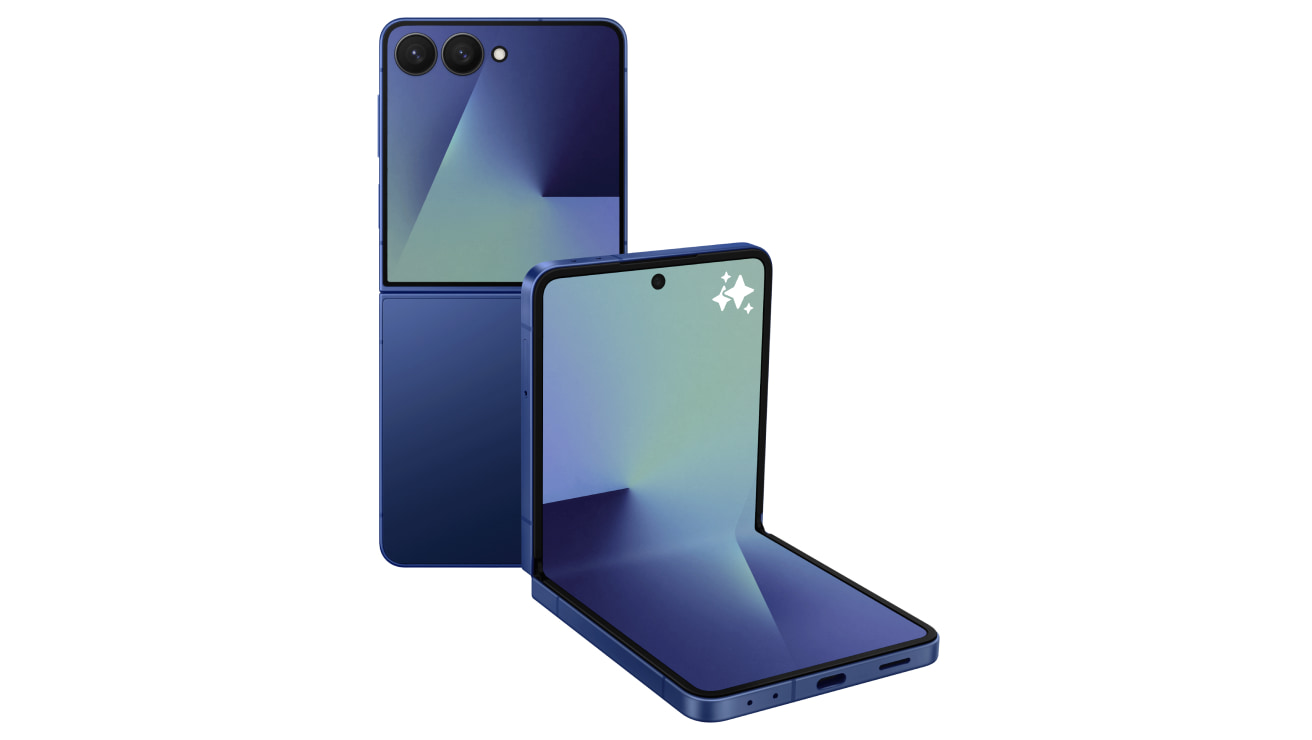 A blue foldable Samsung Galaxy Z Flip7 is displayed in two positions: one fully opened and the other partially folded. It features a dual-camera setup on the back and a hole-punch front camera on the inner screen.