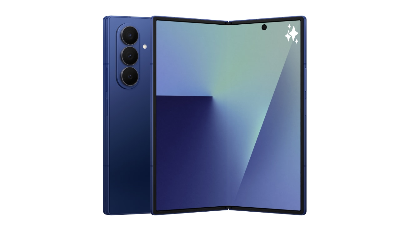 A blue foldable Samsung Galaxy Z Fold7 is shown in an open position revealing its large inner screen. The back of the phone is shown with three vertically aligned camera lenses and a flash.